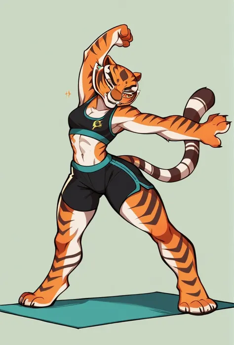 kung fu panda, master tigress, pose, yoga, wearing black shorts,