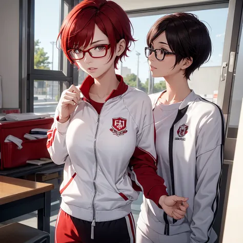 woman with short red hair, white eyes, glasses, tall body, big breasts, wearing a tracksuits, in the school