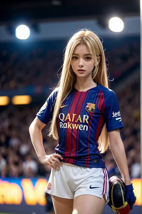 {{{FCBarcelona}}}, {{nike soccer jerseys}}, {{{best quality}}}, {{{realistic}}}, {{{Detailed facial description}}}, realistic 눈동자, blonde long hair, {{beautiful western beauty}}, female, realistic 유니폼 주름, {{{Barcelona}}, {{{soccer stadium}}}, Sponsor&#39;s...