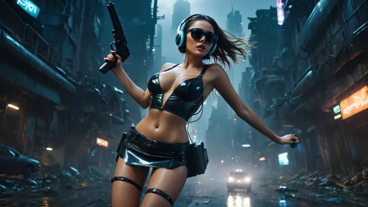 a flying car is speeding through a very dark abandoned futuristic city, rainy night. (((((1girl, solo, alone))))), large-breast:1.2 slim body, cleavage:1.1, sexy miniskirt, ((((headphone, black sunglasses, standing and holding pistol pose)))), (((((half-bo...