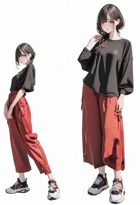 (best, highest quality: 1.2, 8k), center, full body, 20s, 1 adult female, black shirt, red wide pants, simple sneakers, simple b...