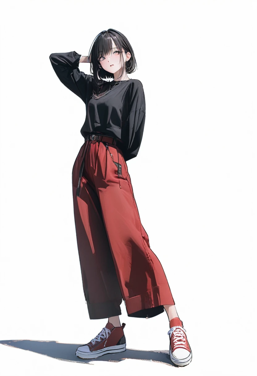 (Best, highest quality: 1.2, 8K), center, full body, 20s, 1 adult female, black shirt, red wide pants, simple sneakers, simple background, white background, eyes open, delicate eyes, beautiful eyes ,