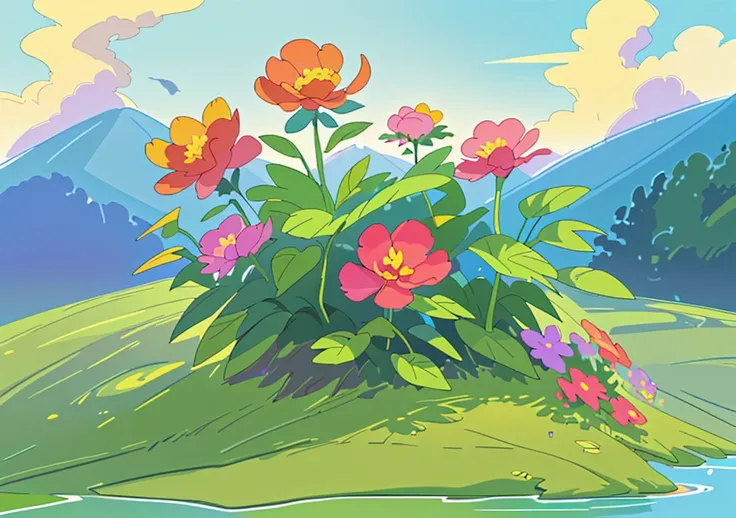 colorful tranquil landscape with plants and nature with colorful flowers beautiful sky and lots of details 