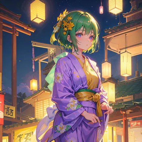 a girl with short hair, green hair, a flower in her hair, dressed in a violet yukata and gold details, Japanese night festival background, festival lights, cinematic lighting, high definition.