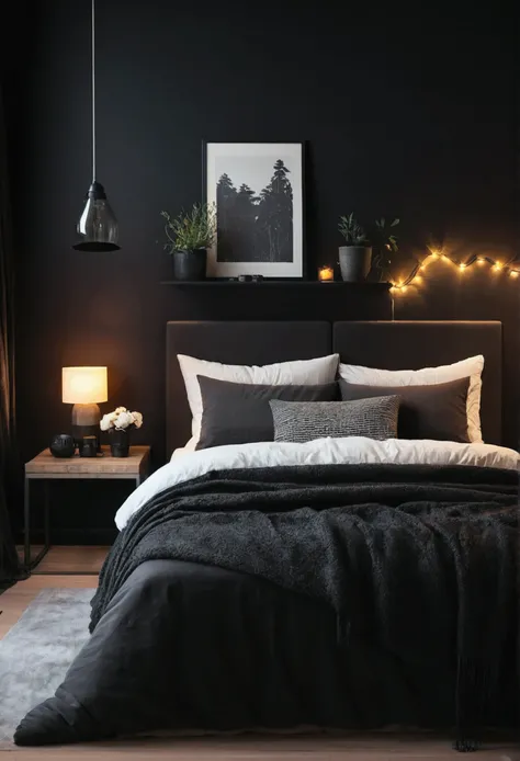 Cozy dark themed modern bedroom