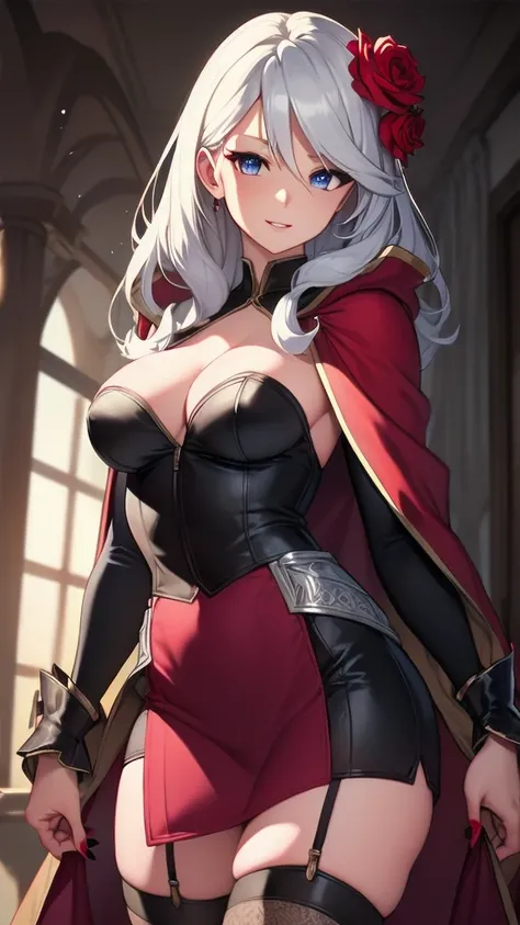 masterpiece, best quality, solo girl, silver hair, blue eyes, long hair, medium breasts, sexy body and face, wavy hair, smile, parted lips, red lips, ribbon, crown of thorns, thorns, (red cape, dress flower), detached sleeves, hair flower, hair ornament, l...