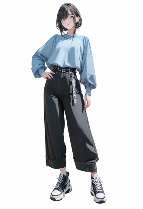 (best, highest quality: 1.2, 8k), center, full body, 20s, 1 adult female, blue shirt, black wide pants, simple sneakers, simple ...