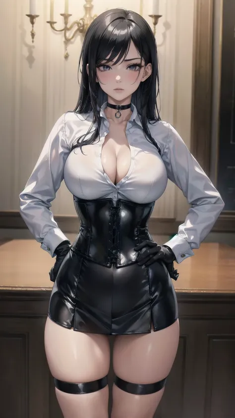  Masterpiece, Superior image quality, high resolution, 4k image,photo and gross, photorealistic, whole body, 1 young teen girl, short stature, standing, hands on the hips, {{{vagina}}}, big breasts, beautiful face, long black hair, black eyes, very detaile...