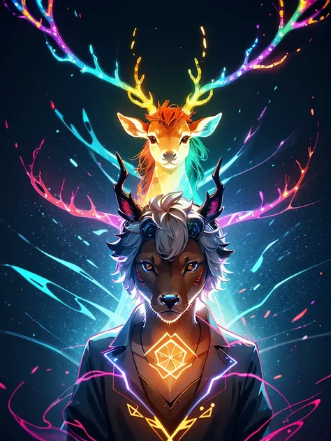 a close up of a deer with a glowing antelope on its head, a hologram by Adam Marczyński, shutterstock contest winner, digital art, with glowing runes on the body, digital art animal photo, an anthropomorphic deer, anthropomorphic deer, scientific depiction...