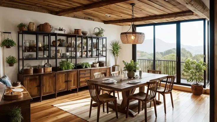 Design a cozy and eclectic dining area that combines modern and rustic elements. The room is equipped with a wooden dining table and々Has a chair。, Includes modern and rustic styles. On the wall々Framed artwork on display、The shelves are filled with books an...