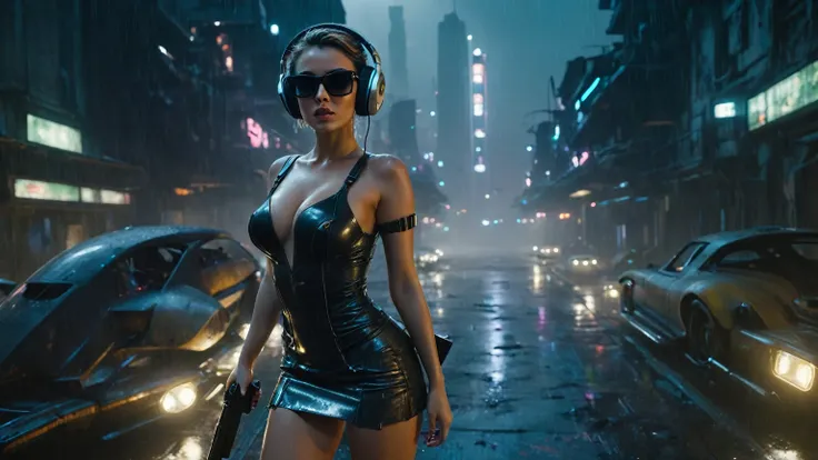 (aerial view, a flying car is speeding through a very dark abandoned futuristic city), rainy night. (((1girl, solo, alone))), large-breast:1.2 slim body, cleavage:1.1, sexy miniskirt, ((headphone, black sunglasses, standing and holding pistol pose)), (((ha...