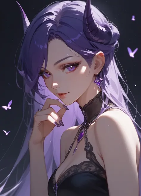 (score_9,score_8_superior,score_7_superior),One girl,Girl Devil,Purple hair,Purple Eyes、wing,nail,Black Dress,beautiful_face,