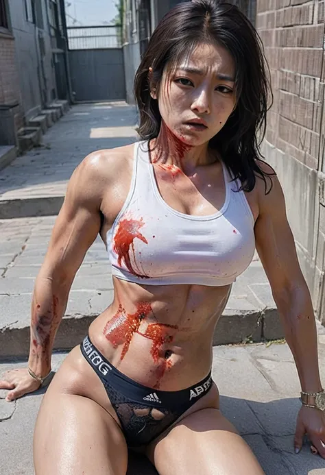 The gangster queen with eight-pack abs was beaten，Visible abdominal muscles，Defeat and injury，Abdominal muscle swelling and bleeding，Covered in blood，Painful expression，Abdominal muscle injury，Full of scars，Bruising, redness and swelling