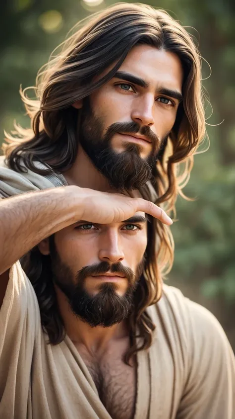  "Create an image of a man who looks like Jesus Christ, with short hair, barba, and a serious expression. It must be pointing directly at the camera. Use natural and soft tones, focusing on the face and pointing hand to create a deep emotional impact.