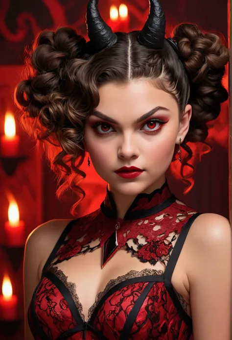 Full body shot Camren Bicondova devil, ringlets wavy five feet long black hair, updo hairstyle with ponytail on one side and long hairpins holding the bun long braid, strong thighs, dark red glossy lips, heavy red eye shadow long red eyeliner, long sharp c...