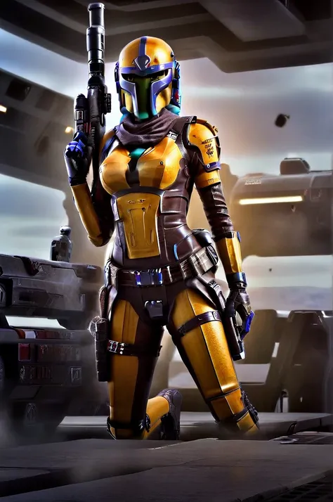 a ((female twi'lek ))mandalorian, detailed futuristic armor, intricate helmet, jetpack, blaster rifle, epic pose, dramatic light...