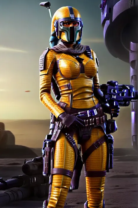 a ((female twi'lek ))mandalorian, detailed futuristic armor, intricate helmet, jetpack, blaster rifle, epic pose, dramatic light...