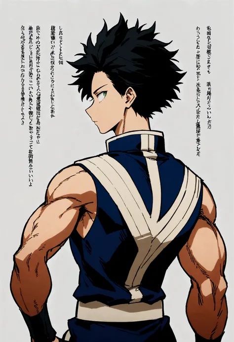 Caracter sheet, he is a 17 year old teenager, He has slightly disheveled very black hair..., somewhat light green eyes, muscular body , He is dressed the anime uniform "my hero academia", Front view of the body, back view of the body, detailed face, face v...