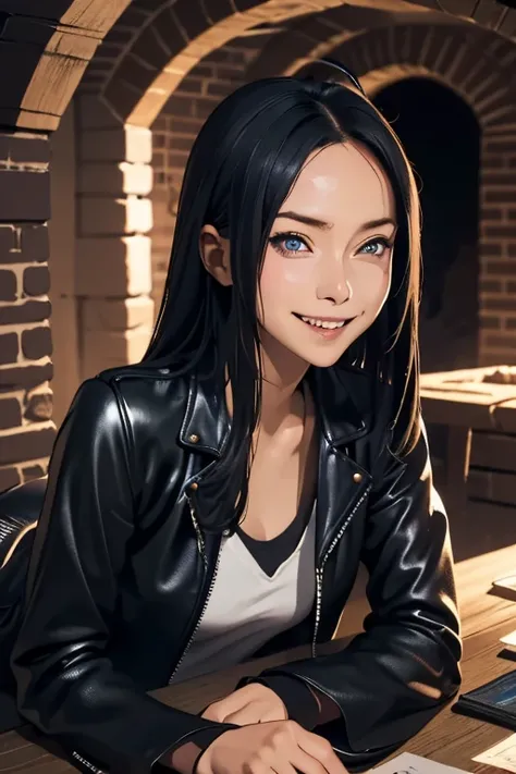 Highest quality　High resolution　Simple　Remainsの様なDungeons　RemainsDungeons　Long bangs　Adult female　Adventurer Girl　Loose expression　cute　smile　Leather jacket　Beautiful Eyes　One Woman　Long side hair　Very black hair　Shiny long hair　Straight hair　Ahoge　Wide sl...