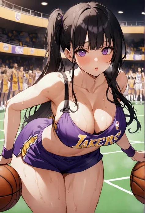 One woman、beautiful girl、high school girl、basketball、Basketball uniform、Lakers uniform、Wristband、Side Ponytail、Long Hair、Basketball Stadium、Take a jump shot、The stands are packed、Highest quality,  Thick thighs、Big Ass、Black Hair、Sweaty body、Number 14、Take ...