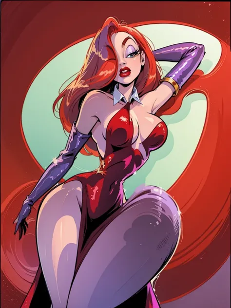 jessica rabbit in a big red dress, high-cut, long purple elbow length gloves