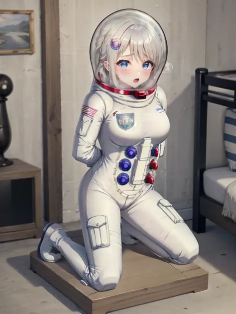 whb, large breasts, white hair, blue eyes, female focus, full body,  sweat, trembling,space suit, space helmet, bubble helmet, (...