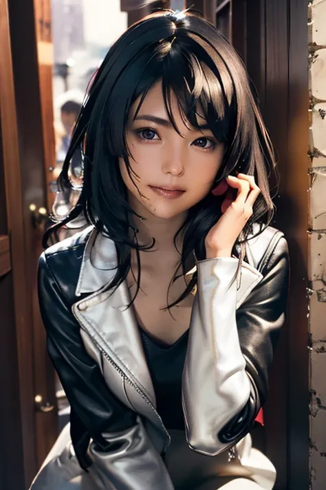 Highest quality　High resolution　Simple　Remainsの様なDungeons　RemainsDungeons　Long bangs　Adult female　Adventurer Girl　Loose expression　cute　smile　Leather jacket　Beautiful Eyes　One Woman　Long side hair　Very black hair　Shiny long hair　Straight hair　Ahoge　Wide sl...