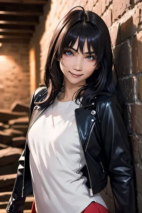 Highest quality　High resolution　Simple　Remainsの様なDungeons　RemainsDungeons　Long bangs　Adult female　Adventurer Girl　Loose expression　cute　smile　Leather jacket　Beautiful Eyes　One Woman　Long side hair　Very black hair　Shiny long hair　Straight hair　Ahoge　Wide sl...