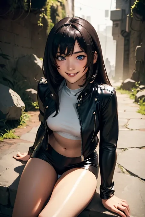 Highest quality　High resolution　Simple　Remainsの様なDungeons　RemainsDungeons　Long bangs　Adult female　Adventurer Girl　Loose expression　cute　smile　Leather jacket　Beautiful Eyes　One Woman　Long side hair　Very black hair　Shiny long hair　Straight hair　Ahoge　Wide sl...