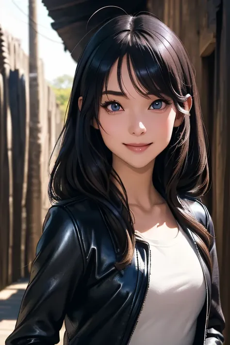 Highest quality　High resolution　Simple　Remainsの様なDungeons　RemainsDungeons　Long bangs　Adult female　Adventurer Girl　Loose expression　cute　smile　Leather jacket　Beautiful Eyes　One Woman　Long side hair　Very black hair　Shiny long hair　Straight hair　Ahoge　Wide sl...