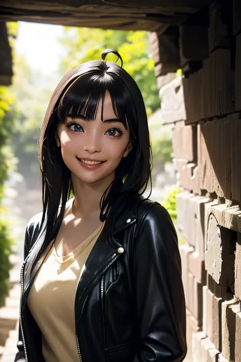 Highest quality　High resolution　Simple　Remainsの様なDungeons　RemainsDungeons　Long bangs　Adult female　Adventurer Girl　Loose expression　cute　smile　Leather jacket　Beautiful Eyes　One Woman　Long side hair　Very black hair　Shiny long hair　Straight hair　Ahoge　Wide sl...