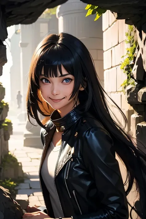 Highest quality　High resolution　Simple　Remainsの様なDungeons　RemainsDungeons　Long bangs　Adult female　Adventurer Girl　Loose expression　cute　smile　Leather jacket　Beautiful Eyes　One Woman　Long side hair　Very black hair　Shiny long hair　Straight hair　Ahoge　Wide sl...