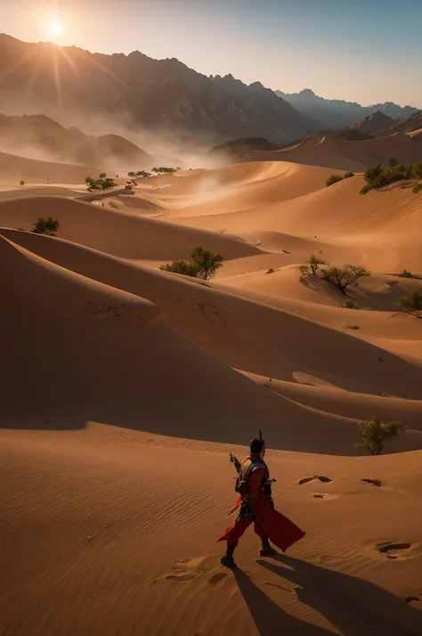 Landscape of China，（Vision） ，Outside the tent，Sunset，（A general in battle robes walks alone），Surrounded by neatly arranged tents and soldiers