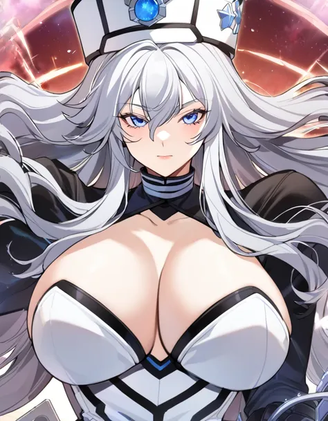 anime, 1 girl with heavy mechanical arms, solo, kimtag, sovetsky soyuz, sovetsky soyuz's hairstyle, white hairstyle, busty, big ...