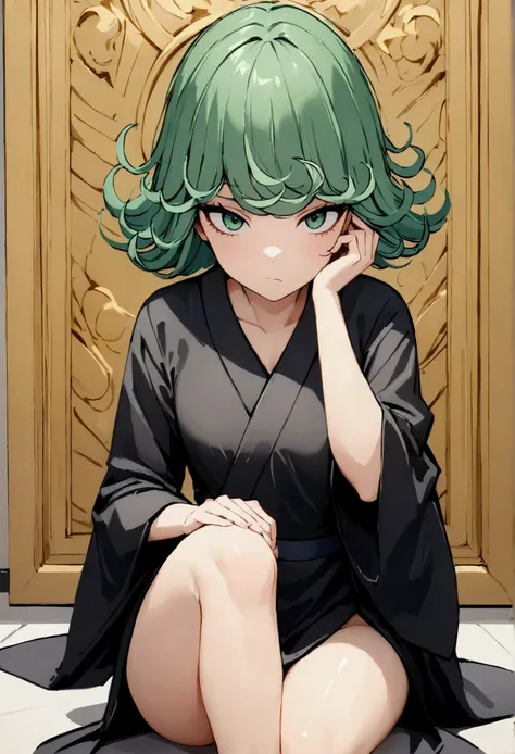 (work of art, best qualityer:1.2), standing alone, 1 girl, tatsumaki, not funny, cloused mouth, looking a viewer, hand on our fa...