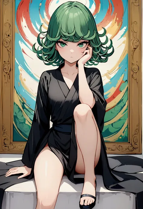 (work of art, best qualityer:1.2), standing alone, 1 girl, tatsumaki, not funny, cloused mouth, looking a viewer, hand on our fa...