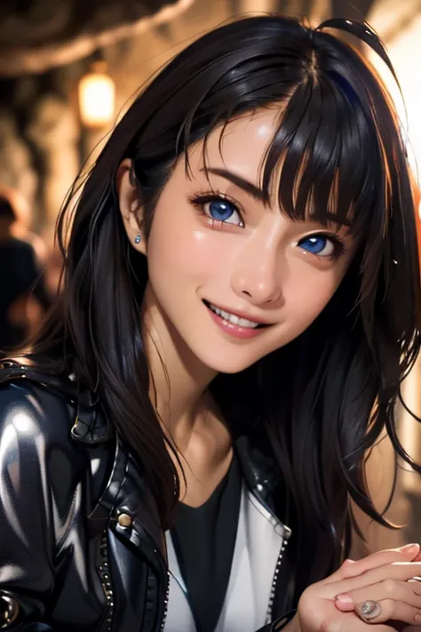 Highest quality　High resolution　Simple　Remainsの様なDungeons　RemainsDungeons　Long bangs　Adult female　Adventurer Girl　Loose expression　cute　smile　Leather jacket　Beautiful Eyes　One Woman　Long side hair　Very black hair　Shiny long hair　Straight hair　Ahoge　cute目　R...