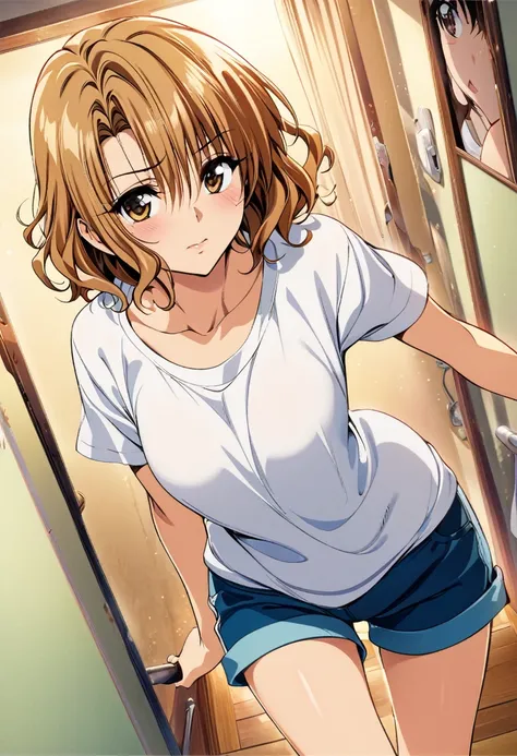 masterpiece, highest quality, Detailed face, Beautiful and detailed eyes, Beautiful Face, Perfect body, Official Art, grand plix award illustration, Professional Lighting,One girl, momioka risa,blonde short hair,wavy hair,brown eyes,shirt,shorts,room,Style...