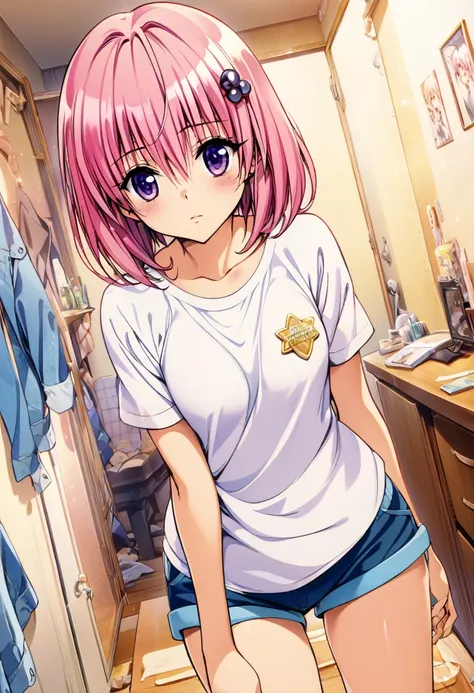 masterpiece, highest quality, Detailed face, Beautiful and detailed eyes, Beautiful Face, Perfect body, Official Art, grand plix award illustration, Professional Lighting,One girl, momo beria deviluke,pink short hair,purple eyes,hair pin,shirt,shorts,room,...