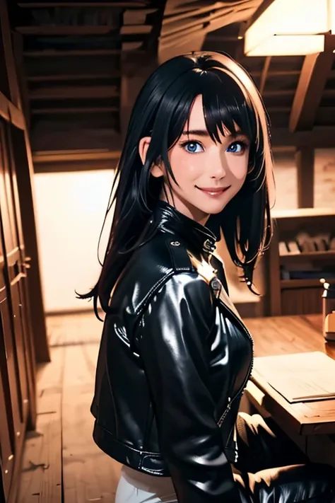 Highest quality　High resolution　Simple　Remainsの様なDungeons　RemainsDungeons　Long bangs　Adult female　Adventurer Girl　Loose expression　cute　smile　Leather jacket　Beautiful Eyes　One Woman　Long side hair　Very black hair　Shiny long hair　Straight hair　Ahoge　cute目　R...