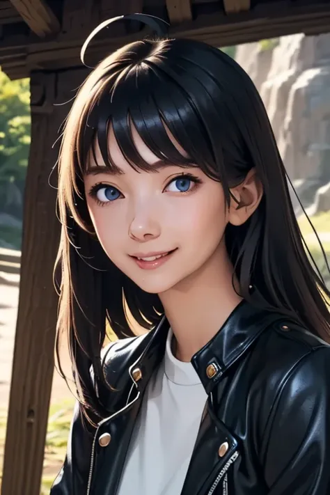 Highest quality　High resolution　Simple　Remainsの様なDungeons　RemainsDungeons　Long bangs　Adult female　Adventurer Girl　Loose expression　cute　smile　Leather jacket　Beautiful Eyes　One Woman　Long side hair　Very black hair　Shiny long hair　Straight hair　Ahoge　Wide sl...