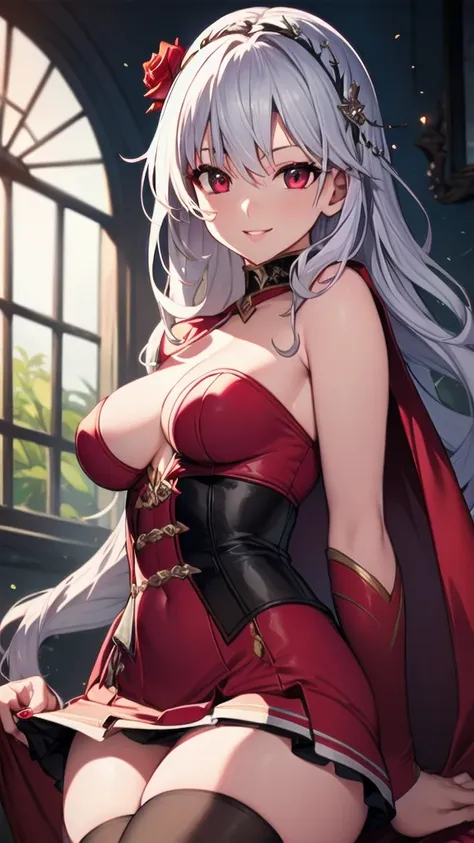 masterpiece, best quality, solo girl, light lavender hair, red eyes, long hair, medium breasts, sexy body and face, wavy hair, smile, parted lips, red lips, ribbon, crown of thorns, thorns, (red cape, dress flower), detached sleeves, hair flower, hair orna...