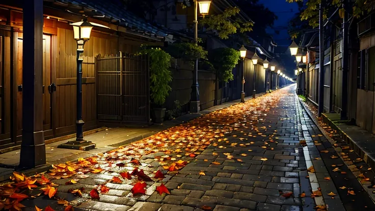 night，camphor，dim street lights，quiet street，fallen leaves，drizzle，really