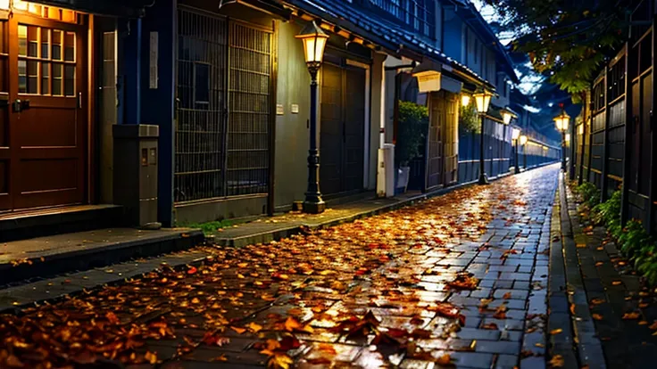 night，camphor，dim street lights，quiet street，fallen leaves，drizzle，really