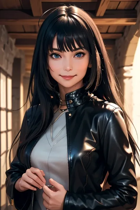 Highest quality　High resolution　Simple　Remainsの様なDungeons　RemainsDungeons　Long bangs　Adult female　Adventurer Girl　Loose expression　cute　smile　Leather jacket　Beautiful Eyes　One Woman　Long side hair　Very black hair　Shiny long hair　Straight hair　Ahoge　Wide sl...