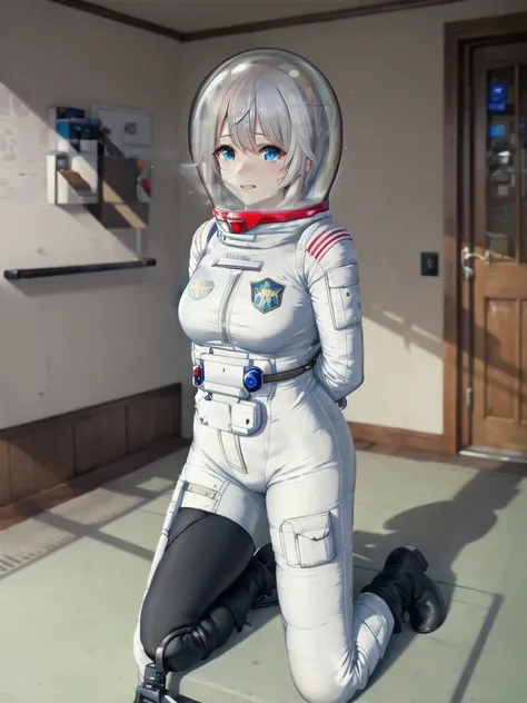 whb, large breasts, white hair, blue eyes, female focus, full body,  sweat, trembling,space suit, space helmet, bubble helmet, (...