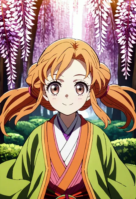 a young anime girl with long orange hair in twin ponytails, thin brown eyes, beautiful detailed eyes, wears the same outfit as m...