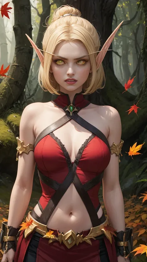 (Masterpiece, highly detailed, highly quality,  highly resolutions), SplitScreen, split screen, BREAK bldelf, angry, clenched teeth, glowing eyes, yellow eyes, Blonde hair, colored sclera, mature female, red short shirt, navel, red shoulder pad, gold trim,...