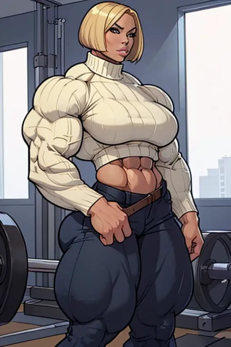 coloured sketch, beautiful woman, blonde bob haircut, turtleneck sweater, long baggy pants, strong well defined muscle, bulky powerful bodybuilder physique, massive muscular arms, perfect and flawless musculature, great muscle definition, perfect muscular ...