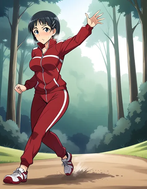 solo, 1gi, kirigaya suguha, kirigaya suguha from sword art online, wearing red tracksuit with red tracksuit pants, wearing white...